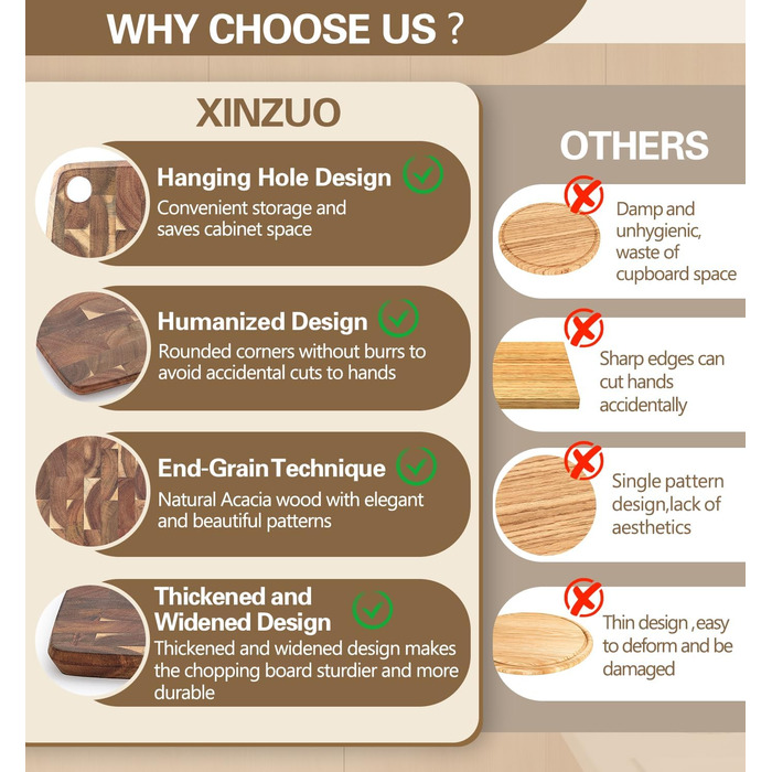 XINZUO 33 * 22 * 1.9cm Acacia Wood Brainwood Cutting Board, Double-Sided, Wooden Board Kitchen Chopping Boards, Serving Board, Bread & Snack Board, Breakfast Board for Bread, Cheese, Meat, Vegetables