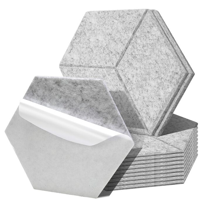 Акустичні гексагональні панелі Fiqops самоклеючі для шумоізоляції стін, звукопоглинаючі шестикутні плити високої щільності, сріблясто-сірі (30x26x0.9 см, 12 шт)