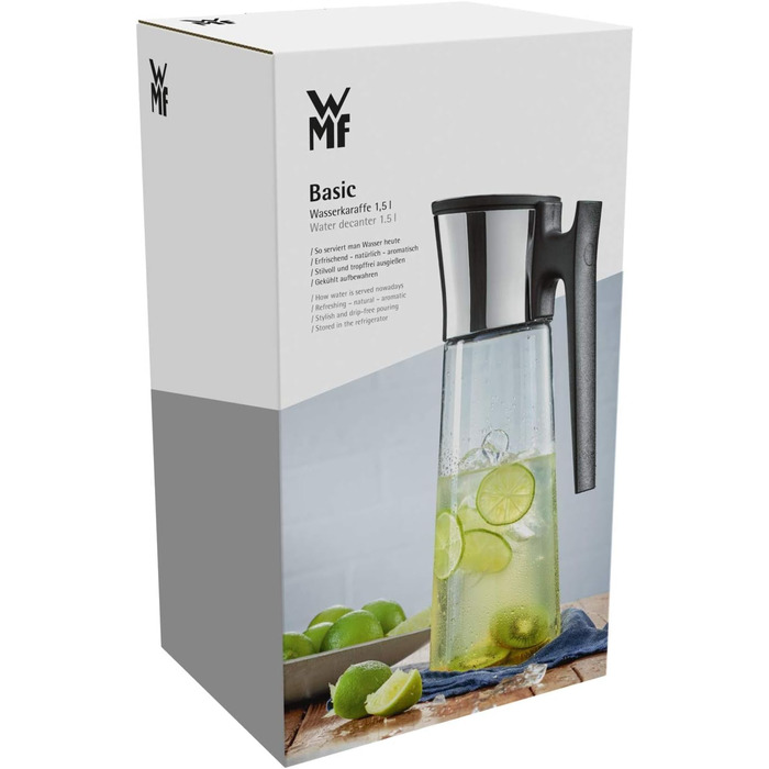 WMF Basic Water Carafe with Handle 1.5 Liter, Glass Carafe with Lid 1.5 l, Silicone Lid, Close-up Closure