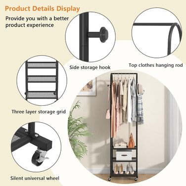 Robust Clothes Rack with Wheels, Modern Clothes Rack with 3 Metal Shelves, 180 cm Display Stand for Hanging Clothes, Clothes Rail for Small Room, Black