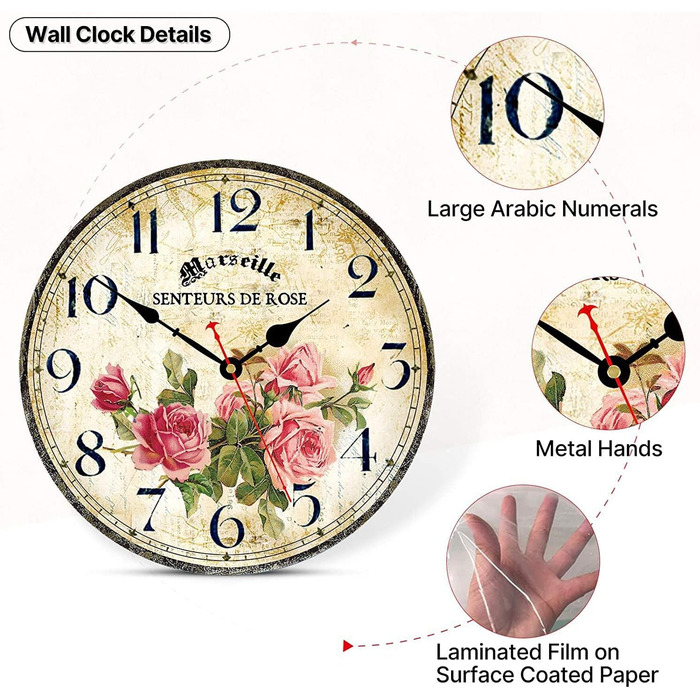 Toudorp Wooden Wall Clock, Arabic Numerals, Easy to Read, Silent Wall Clock, Retro, Battery Operated, Cafe and Flower Pattern, Decorative Wall Clock for Bedroom, Living Room, Dining Room (Pink Roses, 8 inches)