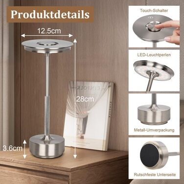 Бездротова LED лампа Rosnek: регульоване освітлення, 3 колірні температури, USB-C, срібло