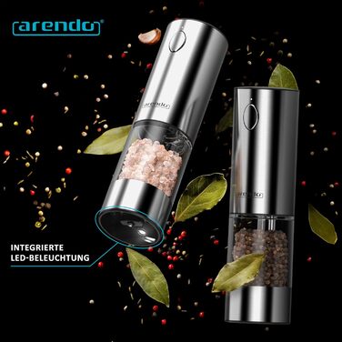 Електричні млини для спецій Arendo – набір з солі та перцю, нержавіюча сталь, керамічний механізм, LED-підсвічування, акумулятор, щітка та воронка