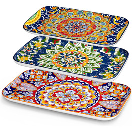 Vancasso Porcelain Serving Platter Set, SIMI Series Rectangular Plates Set, Bohemian Dinner Plates, Cake Plates, Dessert Plates, Breakfast Plates, 3 Sizes Serving Platters