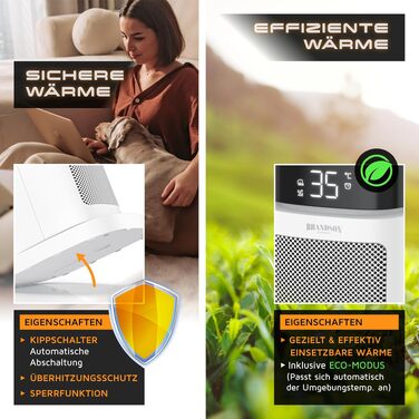 Керамічний обігрівач Brandson ECO Design 2000 Вт з дистанційним керуванням, функцією осциляції та ECO-режимом для спальні та ванної кімнати
