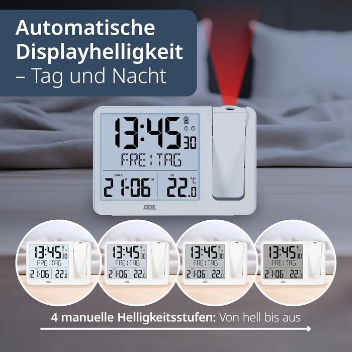 Digital Radio Alarm Clock with Projection and Outdoor Sensor | Projection Alarm Clock with 2 Alarm Times | Clock with Temperature Display, Date, and Day of the Week | Includes Power Cable | White