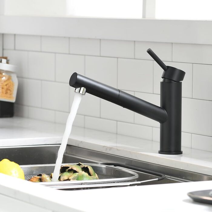 Кухонний змішувач AIMADI висувний чорний з 3-х режимним душем, 38 см шланг, однорідний змішувач для холодної та гарячої води, підходить для раковини та кухонного острова, водоспад, чорний колір