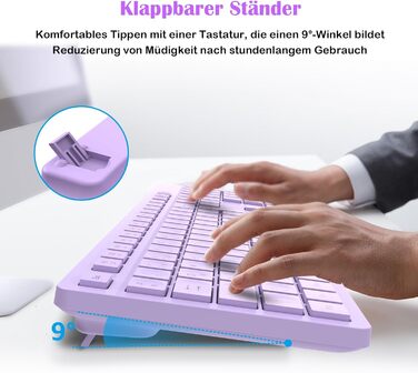 Бездротовий комплект клавіатури та миші Leadsail K786 з цифровою клавіатурою QWERTZ (Німецька) - тиха клавіатура, 2.4 GHz, USB Nano приймач для ПК/ноутбука (фіолетовий)