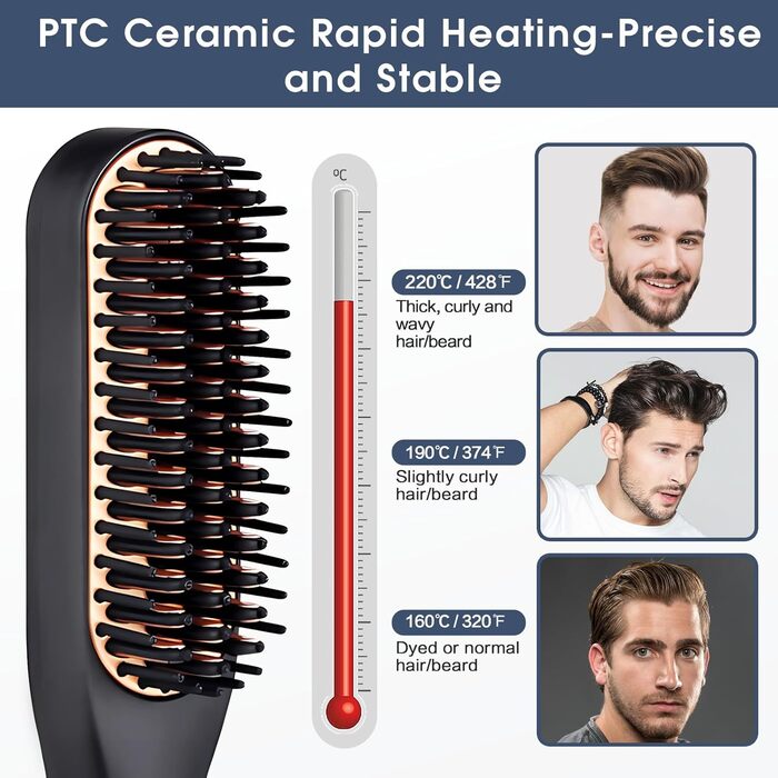 Електричний випрямляч для бороди чоловічий, міні-щітка для випрямлення бороди та волосся, 3 температурні режими (160°C-220°C), 3D-щітка