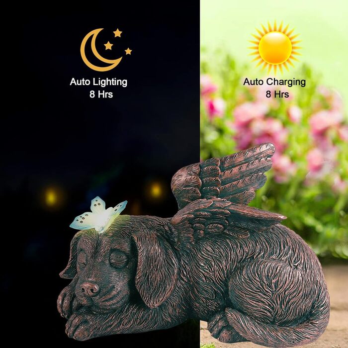 Yeomoo Dog Angel Solar Garden Decorations for Outdoors with Butterfly - Weatherproof Animal Statue Balcony Decor, Sleeping Puppy Solar-Powered Figure Grave Ornament Tombstone, Gifts for Women Mom Copper