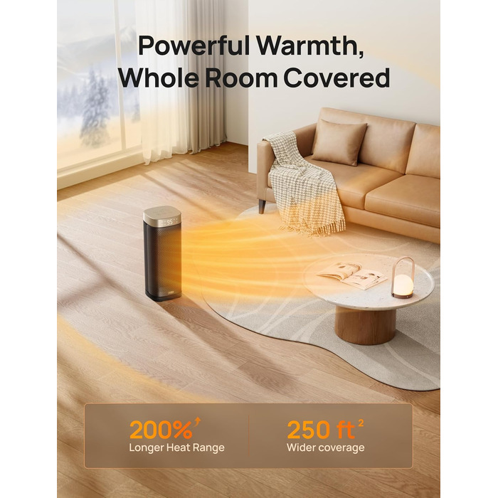 Dreo Heater - Energy-Saving, Quiet, 2000W Ceramic Heater with Thermostat, 12-Hour Timer, 3 Modes, 70° Oscillation, 16 Inch Electric Heater for Rooms, Overheat and Tip-Over Protection, Solaris Slim H2, Gold