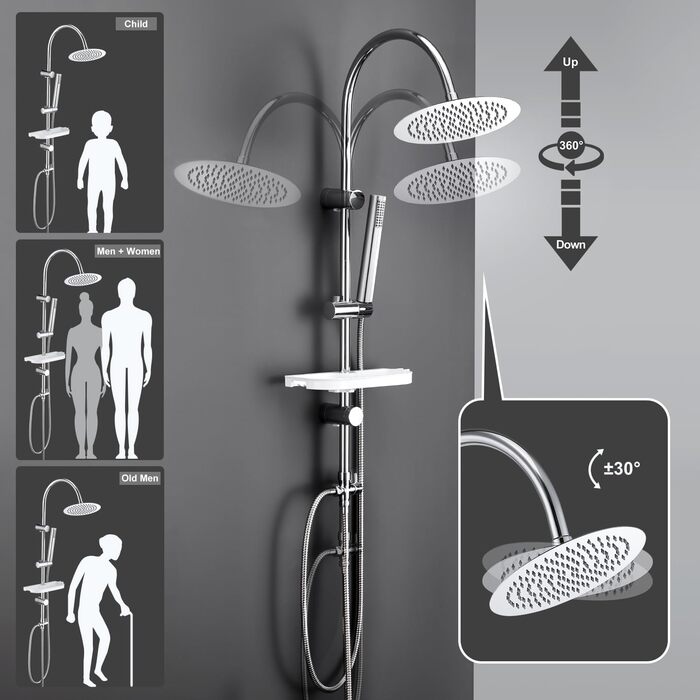 Gorch Rain Shower System with Shelf, Shower Set without Shower Faucet (20x20cm) (UYT-D20CP-Shelf, Chrome)