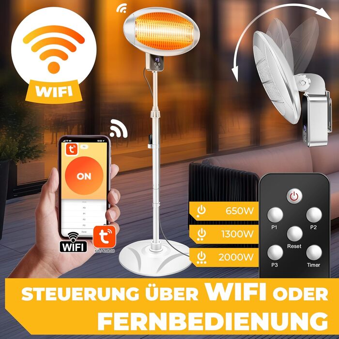 Інфрачервовий обігрівач KESSER® 2000W з Wi-Fi та пультом дистанційного керування, 360° обертання, регулювання висоти, настінний/підлоговий монтаж, захист від перекидання, IPX4, для тераси, балкону та саду