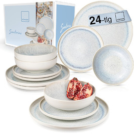 SÄNGER | Santorini Tableware Set, 24-Piece, Dinnerware Set for 8 People, Stoneware Dinner Set, Tableware Service including Dinner Plates, Dessert Plates & Deep Plates, Cream-Colored Dishware with Lavender Blue Gradient, Santorini Tableware Set 24-Piece.