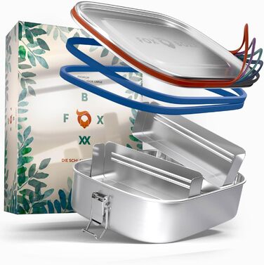 Stainless Steel Lunch Box Premium | Large 1200ml | 5 DEKO-colored rings + DualCham replacement seal = Leak-proof + 2 dividers = 3 compartments | Kids & Adults