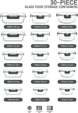 Набір скляних контейнерів MCIRCO 30 шт. (15 контейнерів + 15 кришок) - прозорі кришки, BPA free, для дому, кухні, ресторану (сірий)