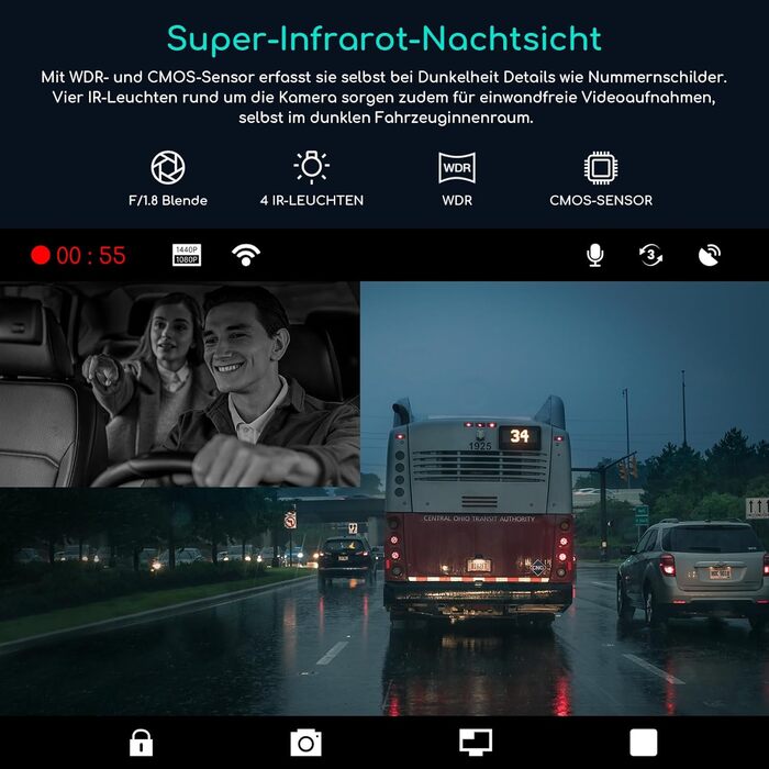 Відеореєстратор COOAU D30S 4K з GPS, WiFi, двома камерами (передньою 4K та внутрішньою 2.5K), інфрачервоною нічною зйомкою, G-сенсором, паркувальним режимом та підтримкою карт пам'яті до 256GB