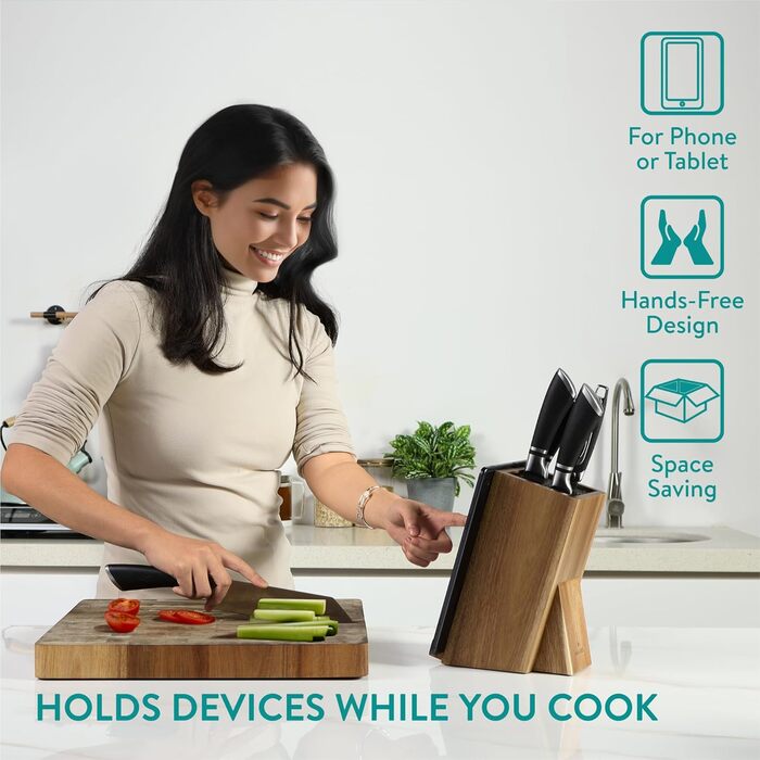 Navaris Knife Block with Smartphone and Tablet Holder - Knife Block without Knives - Multifunctional Kitchen Knife Block Made of Durable Acacia Wood - Washable Bristles