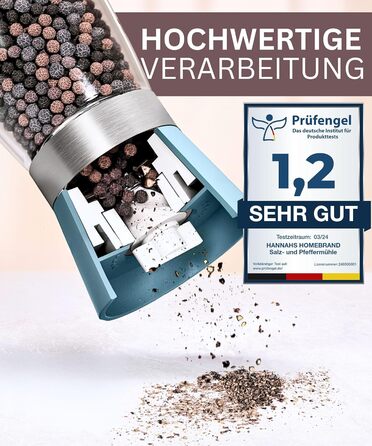 Мельниця для солі та перцю Hannah's Homebrand з керамічним механізмом - міцна для крупної солі (аквамарин, 2 шт.)