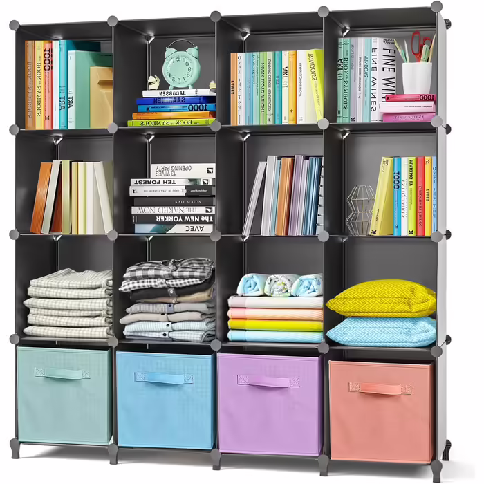 AWTATOS Closet with 16 Cubes, Storage Shelves, DIY Cube Shelf, PP Plug-in Shelf, Plastic, Kids' Shelf, Toy Shelf, Folding Closet, Shelves, Standalone Shelf, Black ULPZ017