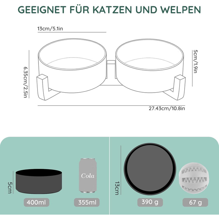 Миска для собак та котів SpunkyJunky з кераміки, 400 мл, чорна, з бамбуковою підставкою (подвійна)