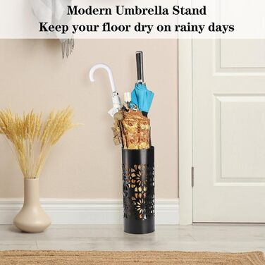 Metal Umbrella Stand with Water Tray - Round Entryway Organizer for Umbrellas, Walking Sticks & Canes