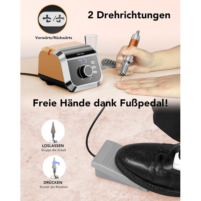 Професійний електричний фрезер для нігтів Nagelfräser 45000 об/хв з педаллю, LCD дисплеєм, 45 швидкостей, F/R, функція паузи, для гель-манікюру, для салону та дому