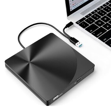 Зовнішній USB 3.0 та USB-C CD/DVD привід varkda для ноутбука та ПК, портативний DVD-плеєр та записник (RW/ROM), сумісний з Windows, macOS, Linux, чорний