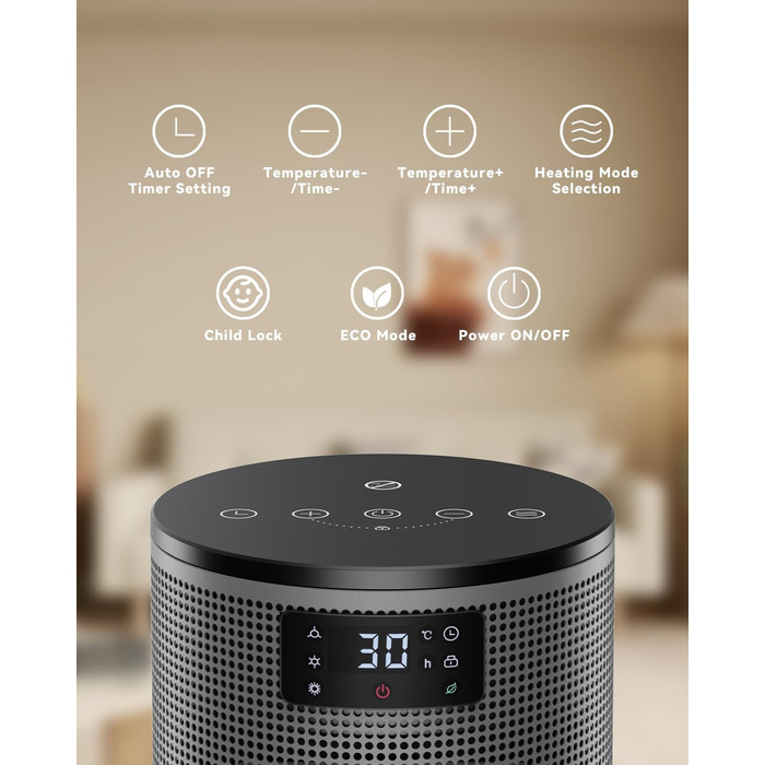 Електричний обігрівач PALINTH 1500W з термостатом, 4 режими, захист від перегріву та перекидання, таймер 8H, для дому, чорний