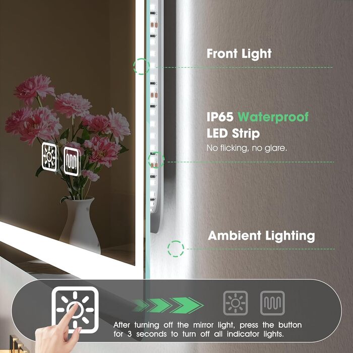 Дзеркало для ванної кімнати S'bagno з підсвічуванням 100x70 см, LED, з полицею, антизапар, 3 колірні температури, регулювання яскравості, HD скло, IP44, горизонтальне/вертикальне встановлення, M55 (без Bluetooth)