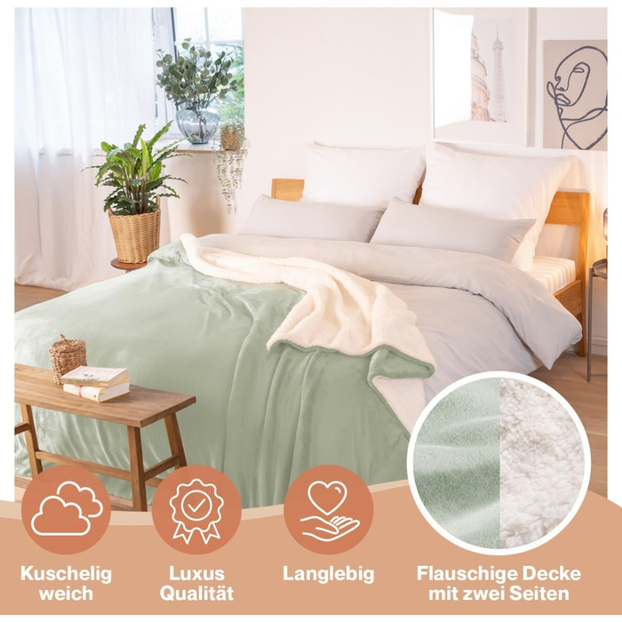 Плед Blumtal Premium Sherpa з м'якою внутрішньою стороною Sherpa, 230x270 см - сертифікат Oeko-Tex, теплий та пухнастий плед для дивану (Літне зелене, 150x200 см)