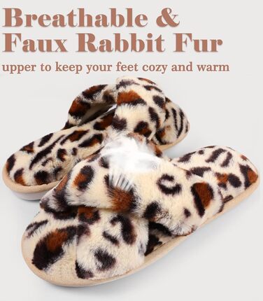 Тапочки халатні жіночі Ankis з плюшу, з перехресними ремінцями, зимові, теплі, з пам'яттю ефекту, з відкритим носком, пухнасті, для дому та вулиці (білі, чорні, сірі, верблюжі), розмір 38/39 EU, з принтом леопарда