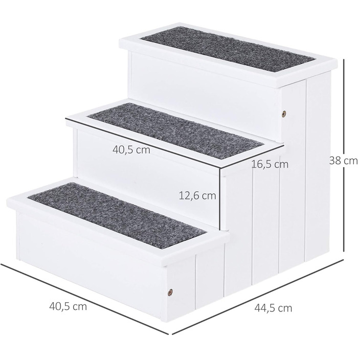 PawHut Pet Stairs 3 Steps Cat Stairs Pet Stairs Dog Stairs for Dogs and Cats Pet Stair Entry Aid with Carpet Storage for Sofa Bed Fir Wood 40.5 x 44.5 x 38 cm (White)