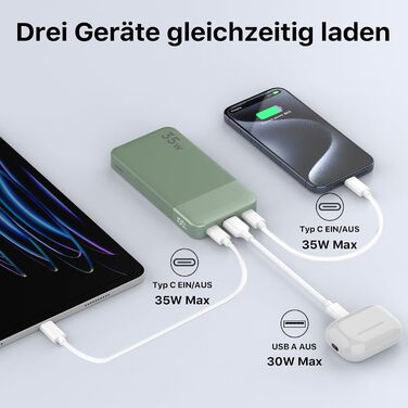 Power Bank NOBIS 35W 10000mAh з цифровим дисплеєм, 2 USB-C, 1 USB-A – зарядний пристрій для iPhone, Galaxy, планшетів (зелений)