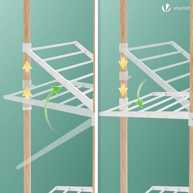 Сушарка для білизни VOUNOT Tower 3 рівні, складана, біла, з колесами - 25м, імітація дерева