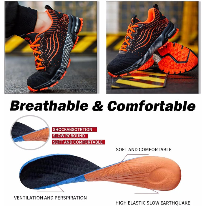 Черевики робочі чоловічі/жіночі, захисні, спортивні, з металевим носком, амортизація, неслизькі (45 EU, помаранчевий)