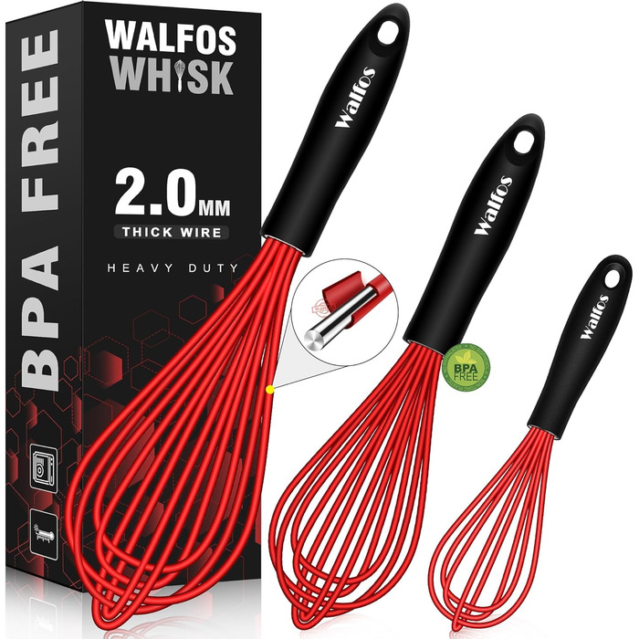 Набір міксерів Walfos 3 шт. з силіконовими вінчиками, червоний, з нержавіючої сталі. Для збивання, змішування та приготування їжі.