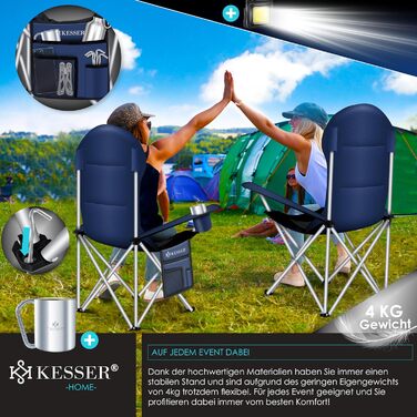 Крісло для кемпінгу KESSER® розкладне, до 150 кг, для риболовлі, з підлокітниками, високою спинкою, пляшкотримачем, світлом, сумкою та стаканчиком, хакі (темно-синій/чорний)