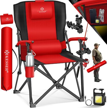 Крісло для кемпінгу KESSER® з високою спинкою, 160 кг, з підлокітниками, тримачем для напоїв та світлом | Стільці для риболовлі, відпочинку на пляжі