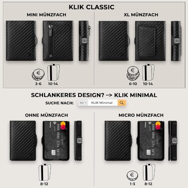 Гаманець чоловічий PURISTO KLIK Classic Slim з відділом для монет - мініатюрний гаманець з натуральної шкіри з RFID-захистом для 10-14 карт - карбоновий дизайн