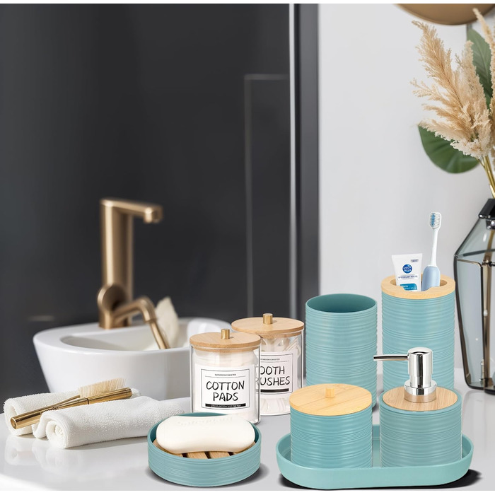 Набір для ванної кімнати IMAVO, 26 предметів: аксесуари для ванної, душова завіса, килимки, відро для сміття, піднос, дозатор для мила, мильниця, тримач для зубних щіток, стаканчик для зубних щіток (блакитний)