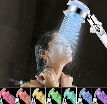 JINYOMFLY LED Shower Head with Lights, Shower Head with LED Lighting, 15CM Shower Head Color Changing, 3 Shower Modes Shower Light, Shower Head Light with Liquid Silicone Nozzle (Round, with Filter)
