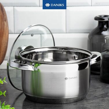 Danik Standard Stainless Steel Cooking Pot with Glass Lid, 20 cm, 4 Liters, Soup Pot/Noodle Pot/Pasta Pot, Silver