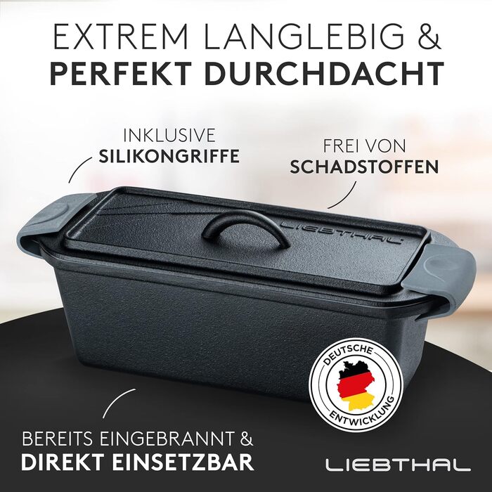 LIEBTHAL Loaf Pan with Lid - Precision-Fitting Non-Stick Silicone Insert - Pre-Seasoned Cast Iron Pot 3.5 L - Casserole Dish for Baking, Roasting, and Braising
