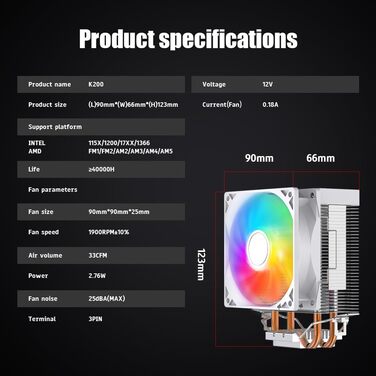 Кулер для процесора Jungle Leopard KF420E з дисплеєм температури, 4 теплові трубки, 155 мм висота, 120*120*25 мм вентилятор 1800RPM ARGB PWM, для LGA 115X/1200/1700/1366/2011/1851, AM4/AM5 (Чорний) (K200-WH)