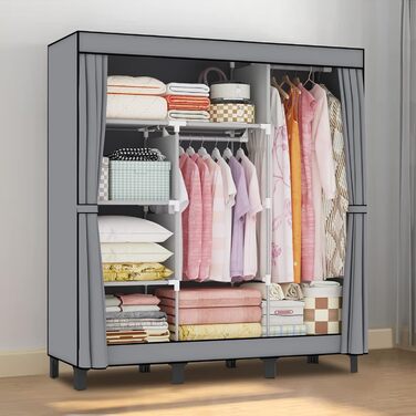 LOEFME Wardrobe, cloth wardrobe with 2 sturdy clothes rails, fabric clothes closet with shelves, open foldable clothes rack, storage for the bedroom, 172 x 130 x 45 cm (Grey)