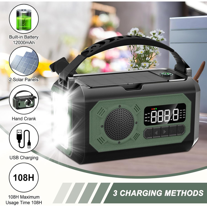 Радіо на сонячних батареях з ручним заводом 12000 mAh, AM/FM/NOAA, ліхтарик, SOS, Power Bank, зелений – для дому та подорожей