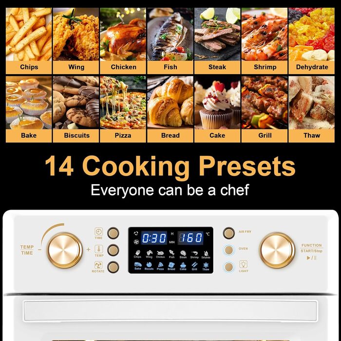 Аерофритюрниця LLIVEKIT 26 л, міні-піч з конвекцією, 14-в-1, 360° циркуляція повітря, швидке та здорове приготування з низьким вмістом жиру, енергозбереження 60%, 1700 Вт, кремова, 8 аксесуарів, книга рецептів