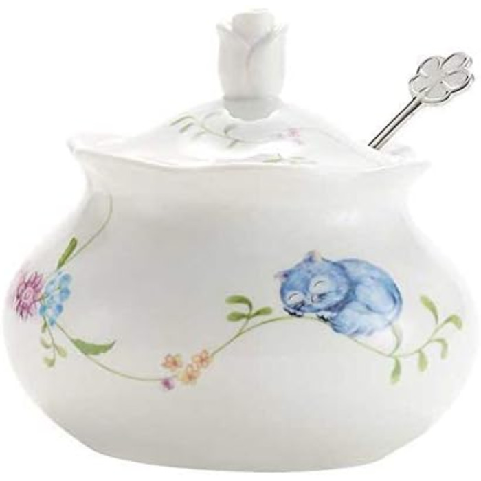 Hotoco Sugar Bowl, Ceramic Sugar Bowl with Lid and Stainless Steel Spoon for Home and Kitchen - Flower Design, White flower