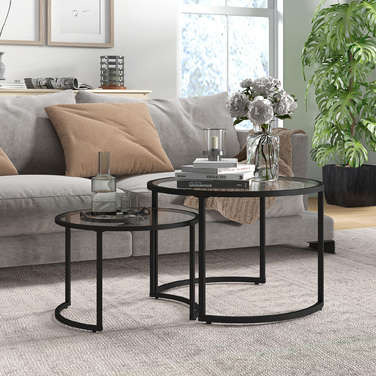 HOMCOM Set of 2 Side Tables with Black Steel Frame and Tempered Glass Tabletop, Partially Stackable for Living Room & Lounge